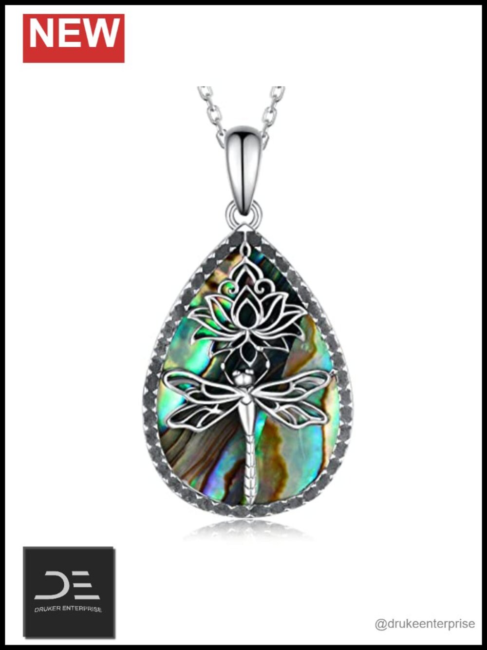 925 Sterling Silver Dragonfly Lotus Pendant Necklace with Abalone Shell Boho